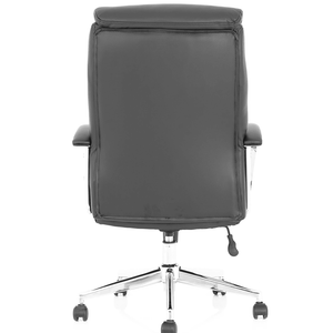 Picture showing back view of the Tunis Executive home office chair in black leather, with chrome 5 star base , with  black castor wheels.