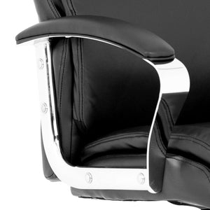 Picture close up of the fixed chrome padded armrests of the Tunis Executive home office chair in black leather.