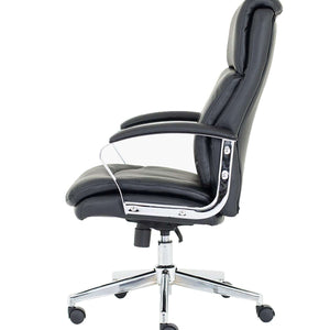 Left side view of the Tunis Executive home office chair in black leather, with fixed chrome padded armrests, and chrome  5 star base , with black  castor wheels.