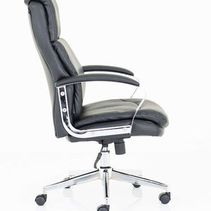 Left side view of the Tunis Executive home office chair in black leather , with fixed padded chrome armrest , with padded waterfall backrest and seat cushion . with chrome  5 star base , with  black castor wheels.