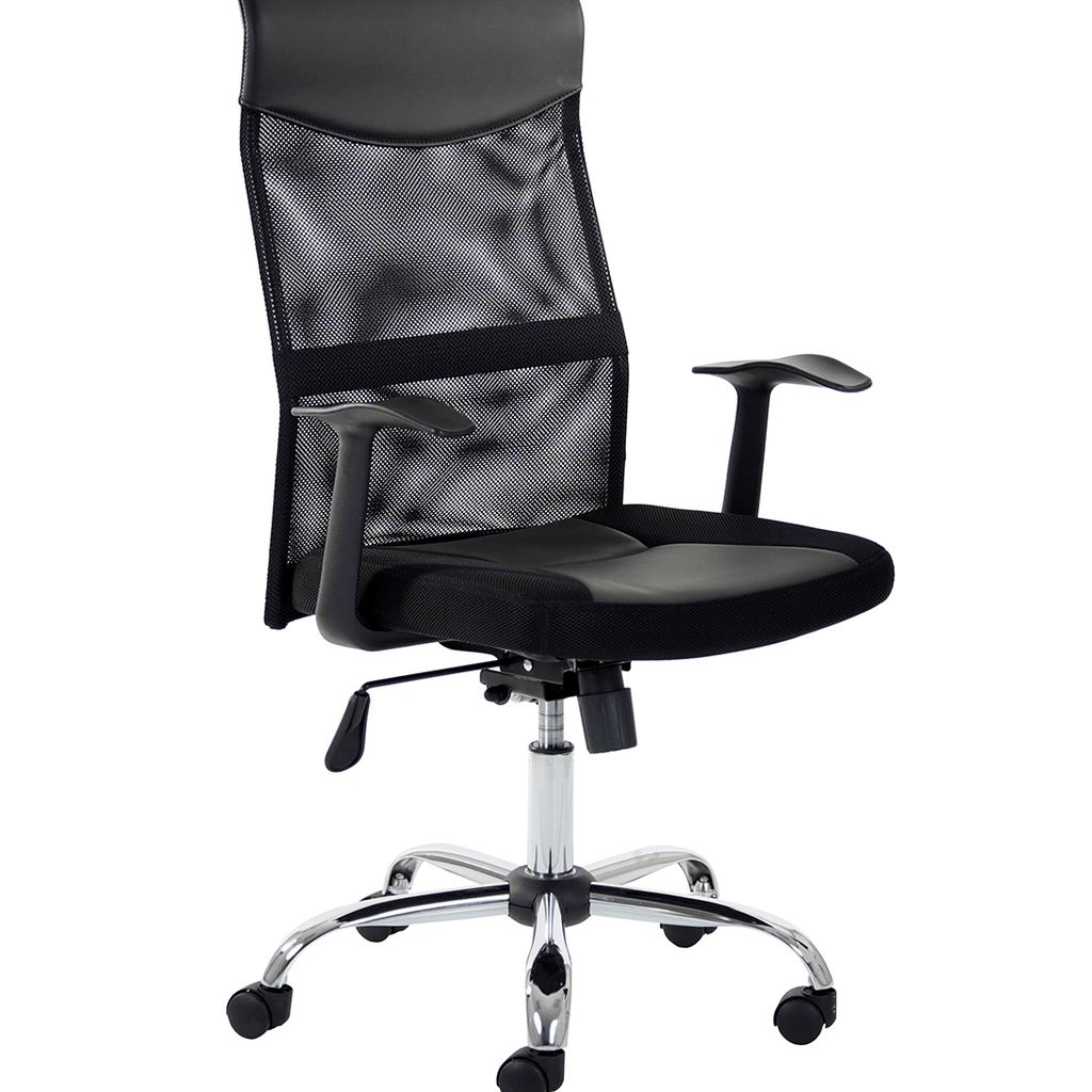 Picture showing the high contoured meshed backrest, with adjustable armrests, contoured cushioned dish design seat pad , with chrome 5 star base , with black castor wheels.