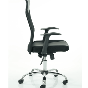 Right angle picture of the vegalite executive home office chair with contoured mesh backrest with cushioned dish design padded seat , with 5 star chrome base , with  black castor wheels.