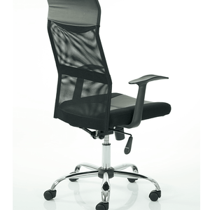 Side view angle of the black leather vegalite executive home office chair , with adjustable and removable armrests , with single lever mechanism lock tilt , and chrome  5 star base , with black castor wheels.