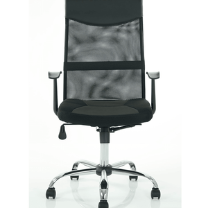 Front view picture of the vegalite executive home office chair in black leather with meshed backrest , with adjustable armrest which can be removed , and cushioned dish design seat pad for comfort , with chrome 5 star base.and castor wheels.