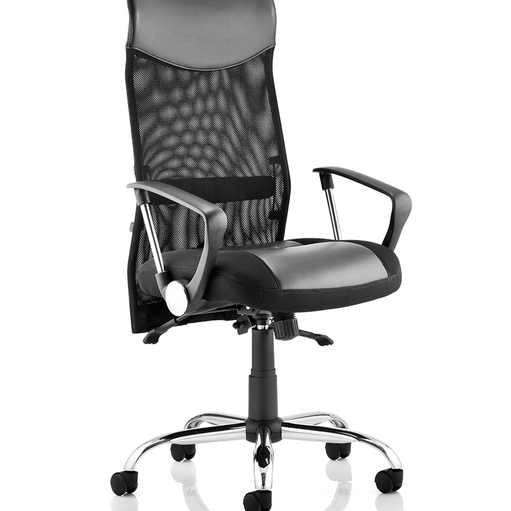 Picture of the Vagas Executive home office chair with contoured high mesh backrest with contoured air mesh leather cushioned seat, with seat  chrome 5 star base , with black  castor wheels.