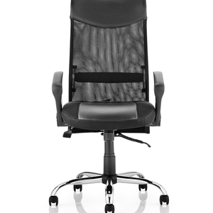 Front view of the vagas executive home office chair with  air mesh backrest  , air mesh and leather contoured seat , with chrome 5 star base , with black castor wheels.