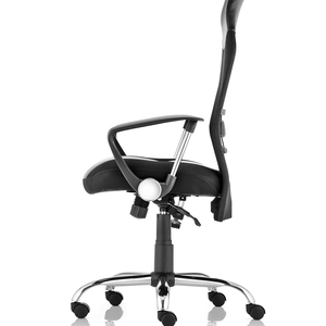 Side view picture of the vagas executive home opffice chair with contoured air mesh backrest with contoured mesh and leather seat cushion , with lever mechanism chrome 5 star base , with  black castor wheels.