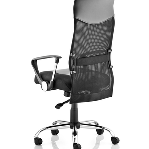 Side view of the back of the vagas executive home office chair with meshed backrest  armrest single lever mechanism gas lift , with chrome 5 star base , with  black castor wheels.