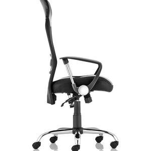 Right angle view of the vagas executive home office chair , with armrest and single lever control mechanism for gas lift  of up to 150kg, with chrome 5 star base , with  black castor wheels.