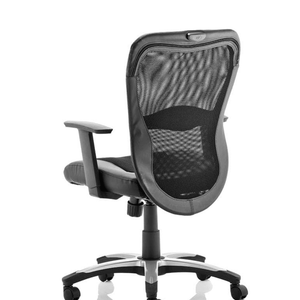 Side view picture of the victor ii executive home office chair , showing mesh backrest with soft bonded leather eding and the meshed cushioned seat with soft bonded leather edging , with fixed armrests and 5 star base , with castor wheels.