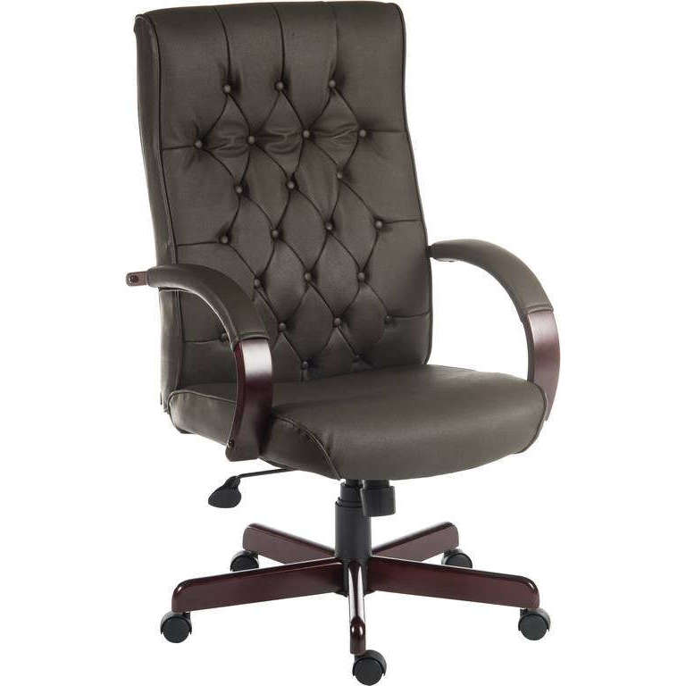 45 Degree angle in warwick brown genuine button tufted backrest with matching padded armrest. wooden mahogany effect arms and matching 5 star base. with black castor wheels.