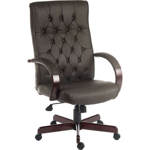 45 Degree angle in warwick brown genuine button tufted backrest with matching padded armrest. wooden mahogany effect arms and matching 5 star base. with black castor wheels.