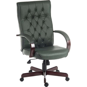 45 Degree angle of the warwick chair in green with matching padded armrests, with wooden mahogany effect armrests and matching mahogany 5 star base. with black castor wheels