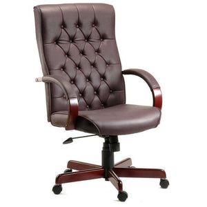 side view of the warwick bonded leather chair in  Burgundy, with genuine button tufted backrest, and matching padded armrests, wooden mahogany effect 5 star base.