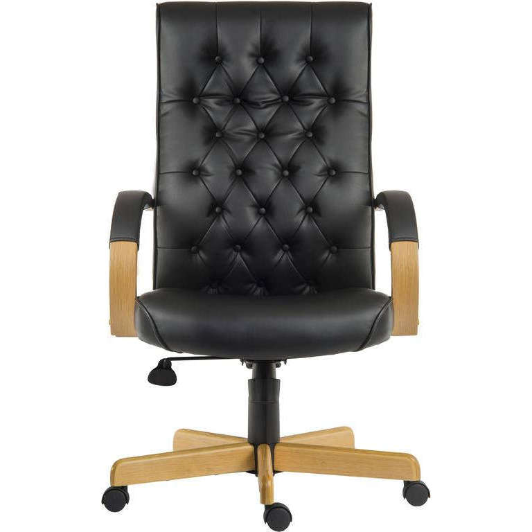 warwick noir bonded leather traditional button back home office full front view of genuine button tufted backrest matching padded armrest wooden light oak arm and matching 5 star base. with black castor wheels.