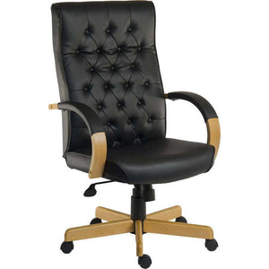 warwick noir bonded leather traditional button back home office chair, 45 degree angle noir leather leather chair with traditional button tufted back rest and arms with wooden light oak arms with matching 5 star base. with black castor wheels.