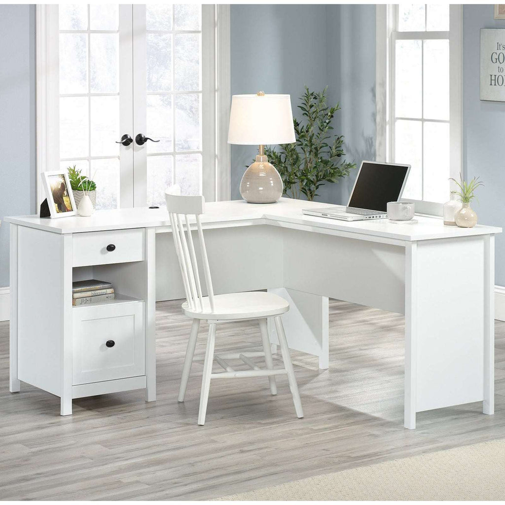 white home study l shaped home office desk close up desk in white showing how this would look in your home office.