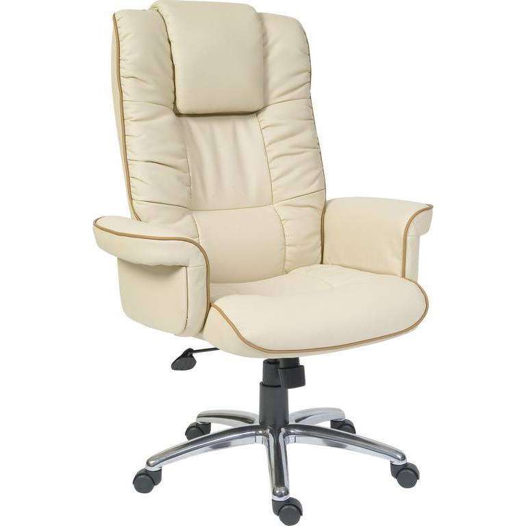 windsor cream bonded leather executive home office chair. 45 degree angle padded windsor cream bonded leather, padded closed gull wing armrests swivel 5 star base. with black castor wheels