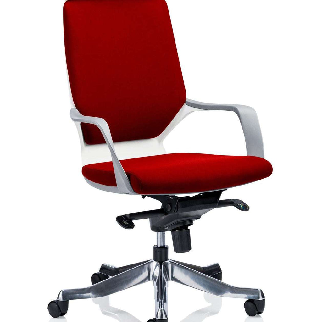 Picture of the xenon executive home office chair with Bergamot cherry coloured fabric cushioned backrest and cushioned seat pad, with aluminium 5 star base , with black  castor wheels.