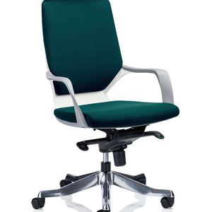 Picture of the xenon executive home officwe chair in Maringa teal coloured fabric seat cushion and cushioned backrest , with aluminium 5 star base , with  black castor wheels.