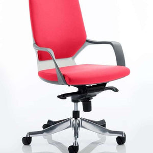 Picture of the xenonm executive medium back home office chair in Bergamot cherry coloured fabric fmoulded foam backrest and seat , with nylon fixed armrest , with  brushed Aluminium 5 star base .