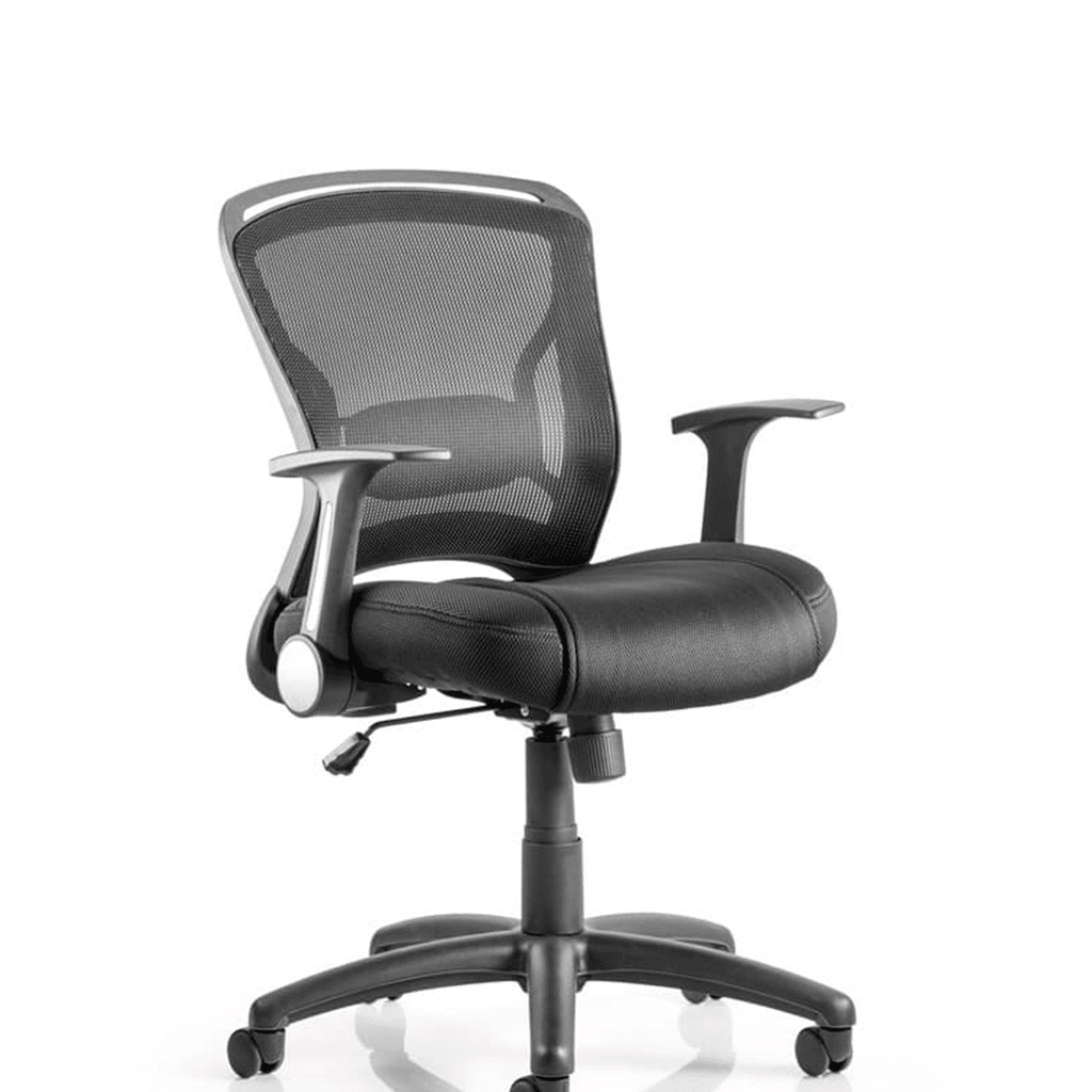 Picture showing the zeus operator home office chair in black leather and mesh twin pad seat with mesh backrest and folding armrests , with single lever tilit mechanism , with 5 star base , with  black castor wheels. 