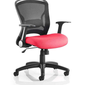 Picture of the zeus operator chair with black mesh backrest and Bergamot cherry coloured fabric seat cushion .