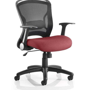 Picture showing the zeus operator chair in black meshbackrest with Ginseng chilli coloured fabric seat cushion.