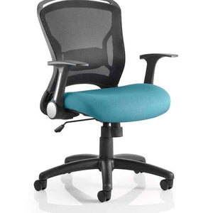 Pictur of the zeus operator chair with contoured black mesh backrest with Maringa Teal coloured fabric seat cushion.