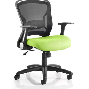 Picture of the zues operator chair in black mesh backrest with Myrrh Green coloured fabric seat cushion