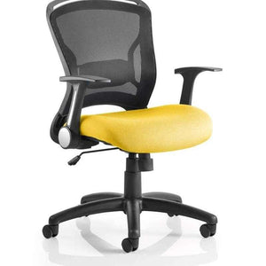 Picture showing the zeus operator chair in senna yellow coloured fabric seat cushion.