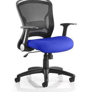 Picture of the Stevia blue coloured fabric seat cushion , with black mesh backrest of the zeus operator chair.