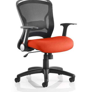 Pictureof the Tabasco Orange coloured fabric seat cushion , with black mesh backrest of teh zeus operator home office chair.