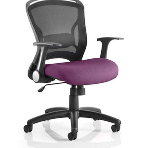 Pitcur of the Tansy Purple coloured fabric seat cushion , with black mesh backrest of the zeus operator home office chair.