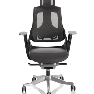 Front view of the zure executive home office chair black shell and charoal colour with meshed contoured backrest and twin cushioned seat pads for comfort , with polished aluinium  5 star base with castor wheels.