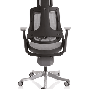 Bck view of the zure executive home office chair with black shell with headrest contoured twin padded cushion seat , with polished aluminium 5 star base , with castor wheels.