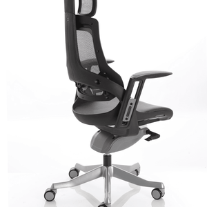 Right angle view of the zeur executive home office chair with adjustable armrests and polished aluminium  5star base with castor wheels.