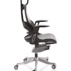 Close up of the zure executive home office chair with contoured backrest ,  height adjustable armrest and aluminium 5 star base , with castor wheels.