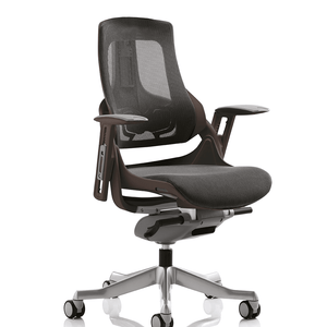 Left angle picture of the zeur executive home office chair with mesh back rest and contoured twin padded sest and Aluminium 5 star base , with castor wheels.