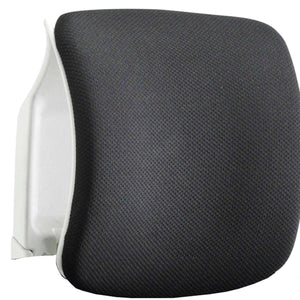 Close up of the black mesh headrest in white shell chair.